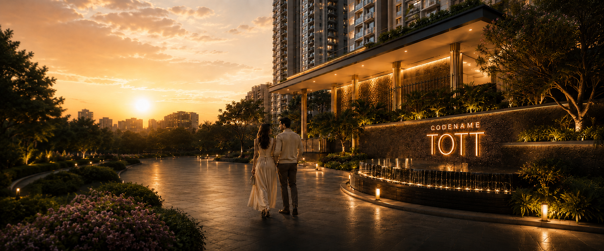 Codename ToTT desktop architectural render at golden hour in Hinjawadi–Maan, Pune
